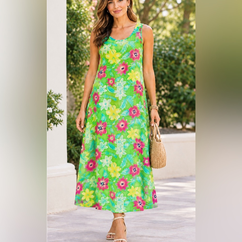 Robbie Bee Green 100% Silk Floral Sleeveless Maxi Dress 16